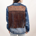 Genuine leather Hand tooled hand carved Women 100% cotton Denim jacket dress