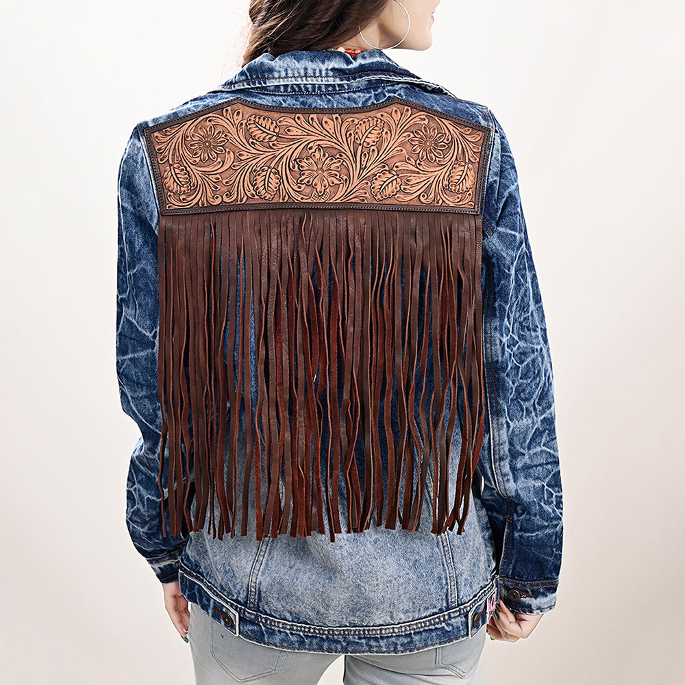 Genuine leather Hand tooled hand carved Women 100% cotton Denim jacket dress