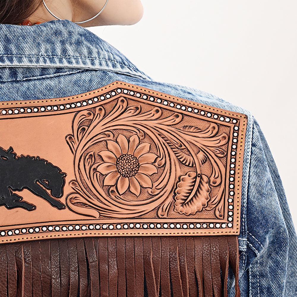 Genuine leather Hand tooled hand carved Women 100% cotton Denim jacket dress