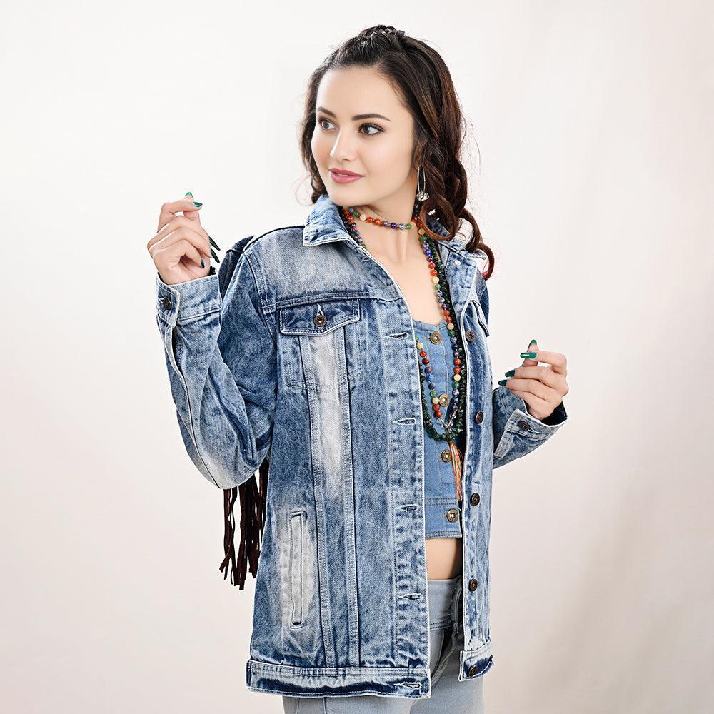 Genuine leather Hand tooled hand carved Women 100% cotton Denim jacket dress