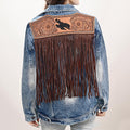 Genuine leather Hand tooled hand carved Women 100% cotton Denim jacket dress