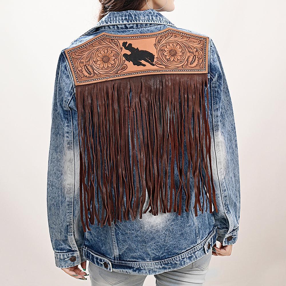 Genuine leather Hand tooled hand carved Women 100% cotton Denim jacket dress