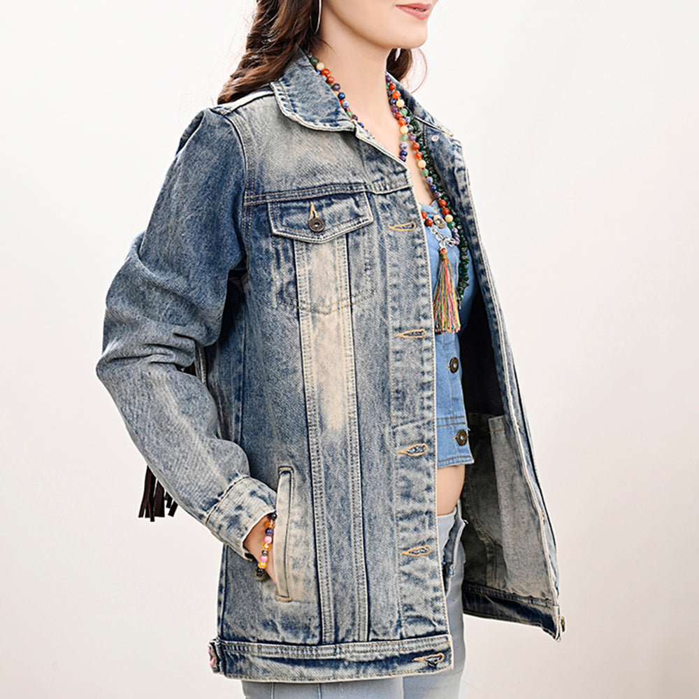 Genuine leather Hand tooled hand carved Women 100% cotton Denim jacket dress