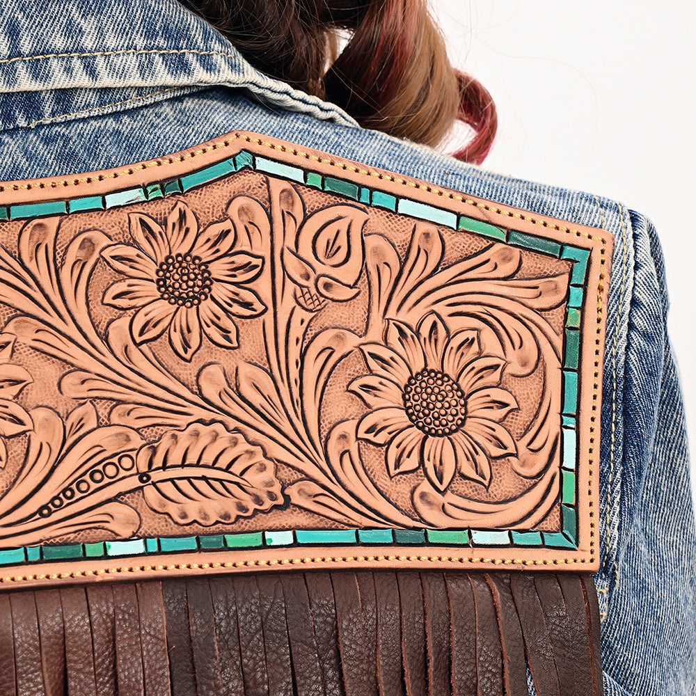 Genuine leather Hand tooled hand carved Women 100% cotton Denim jacket dress