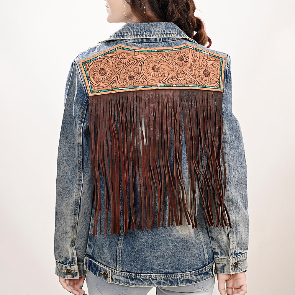 Genuine leather Hand tooled hand carved Women 100% cotton Denim jacket dress