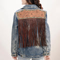 Genuine leather Hand tooled hand carved Women 100% cotton Denim jacket dress