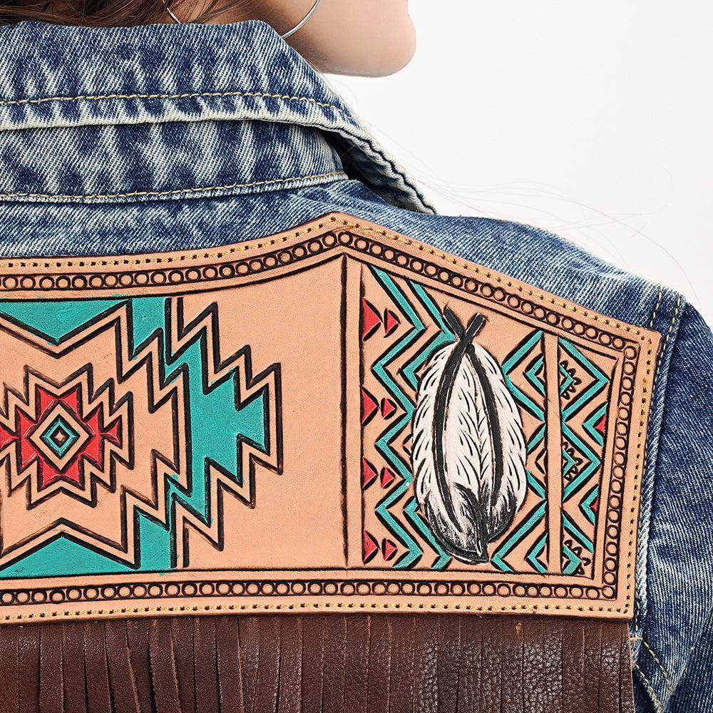 Genuine leather Hand tooled hand carved Women 100% cotton Denim jacket dress