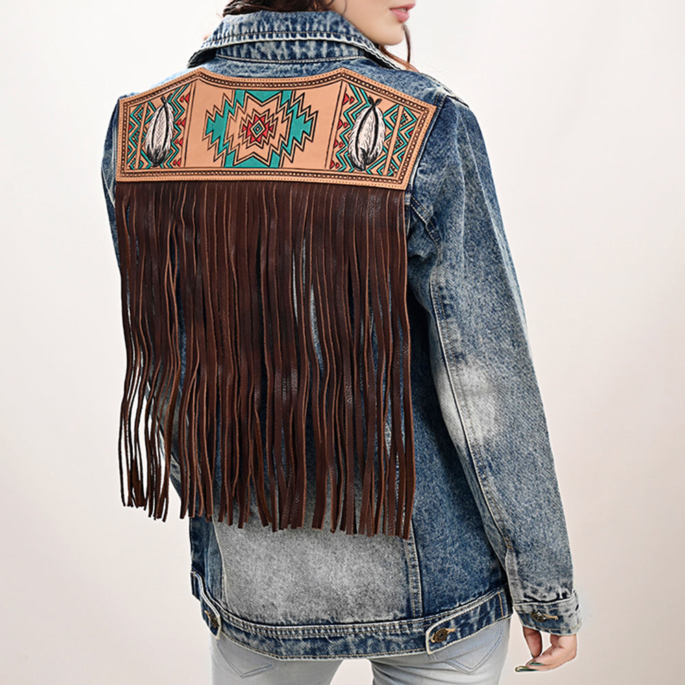 American Darling Genuine leather Hand tooled carved Women 100% cotton Denim jacket dress ladies girl | Shirt for