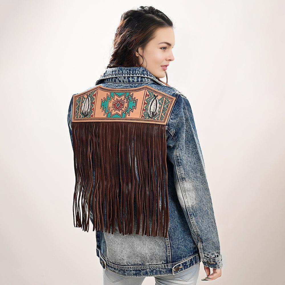 Genuine leather Hand tooled hand carved Women 100% cotton Denim jacket dress
