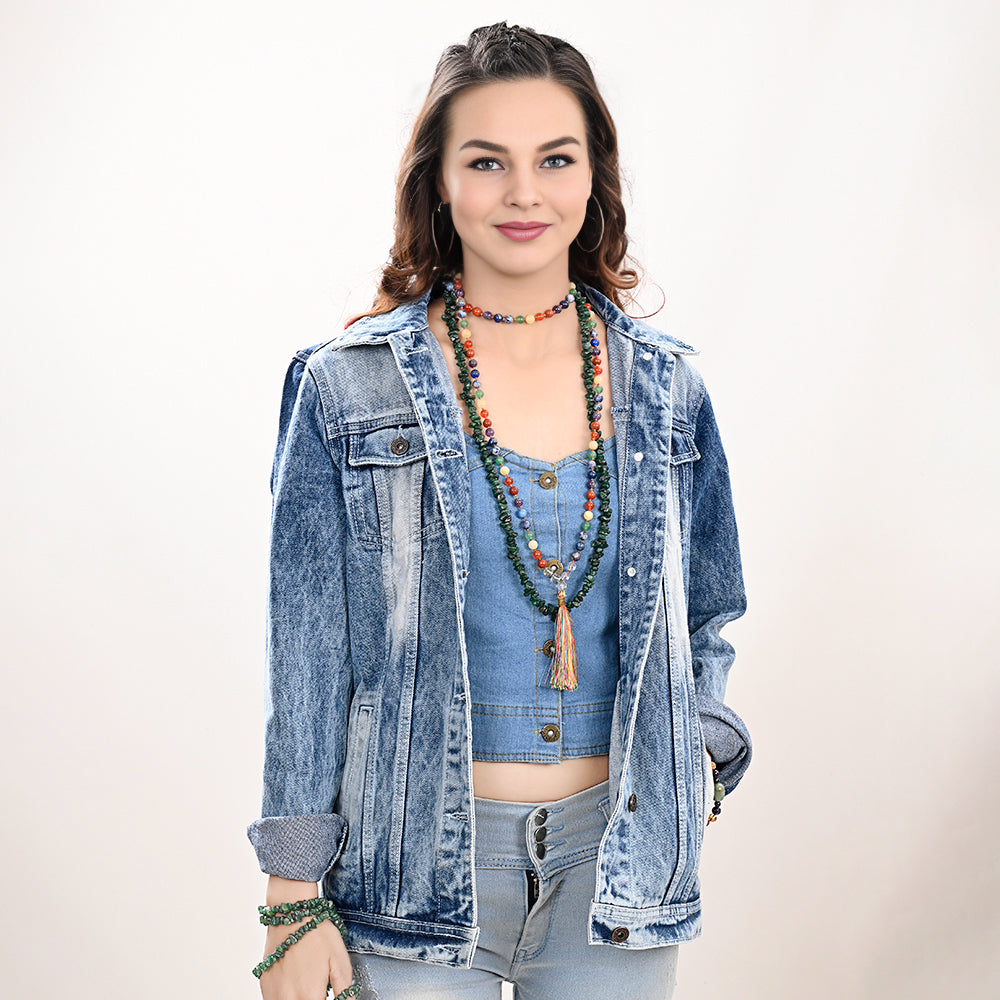Genuine leather Hand tooled hand carved Women 100% cotton Denim jacket dress