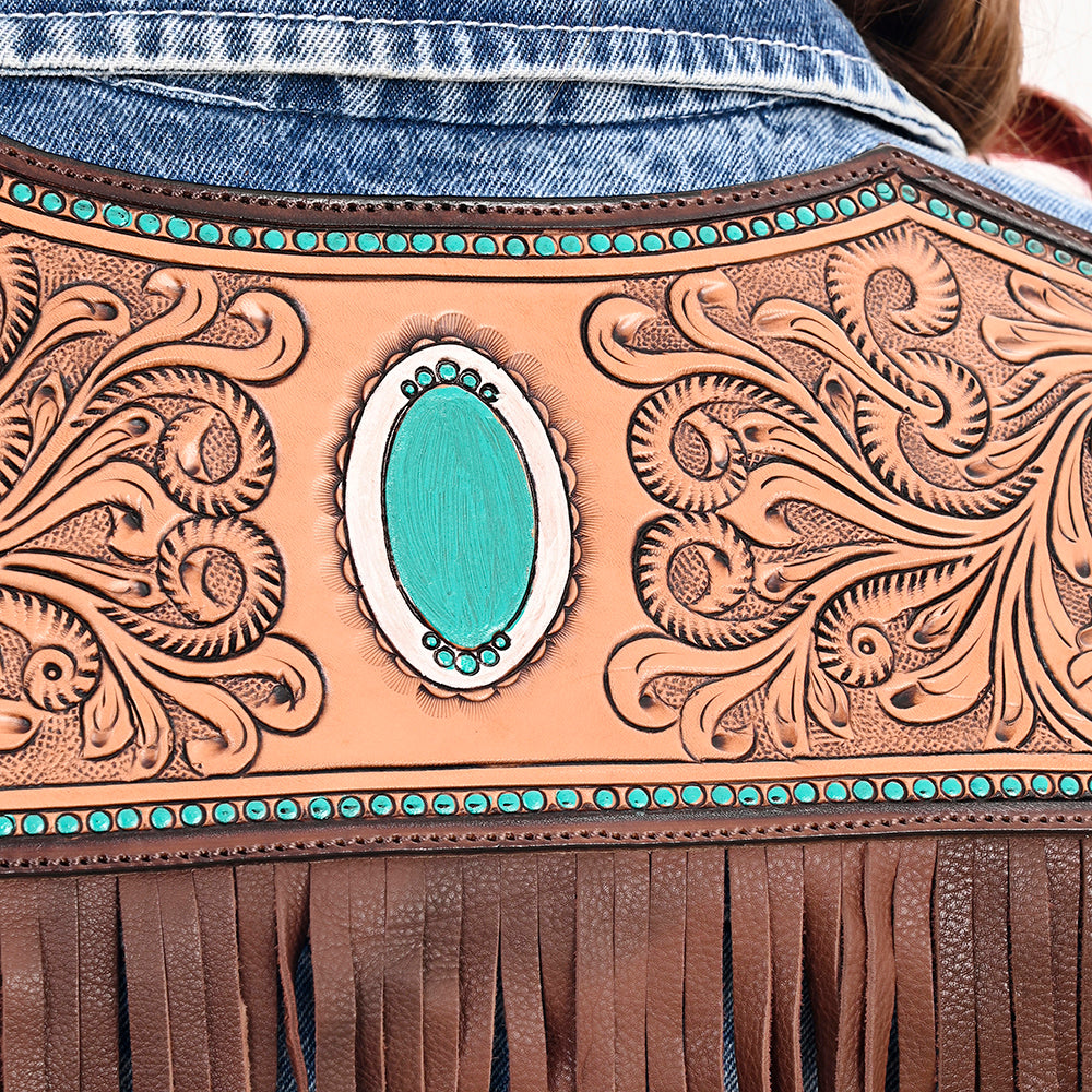 Genuine leather Hand tooled hand carved Women 100% cotton Denim jacket dress