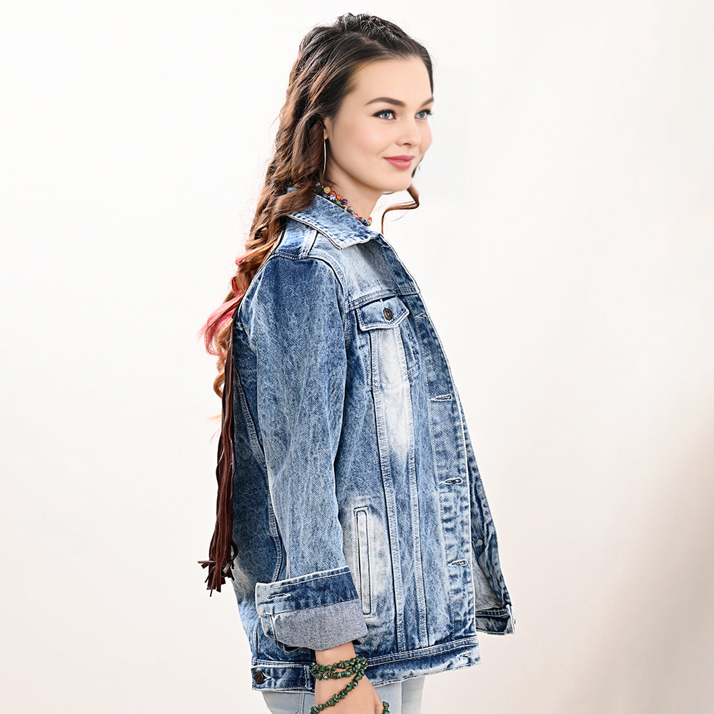 Genuine leather Hand tooled hand carved Women 100% cotton Denim jacket dress