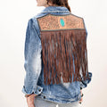 Genuine leather Hand tooled hand carved Women 100% cotton Denim jacket dress