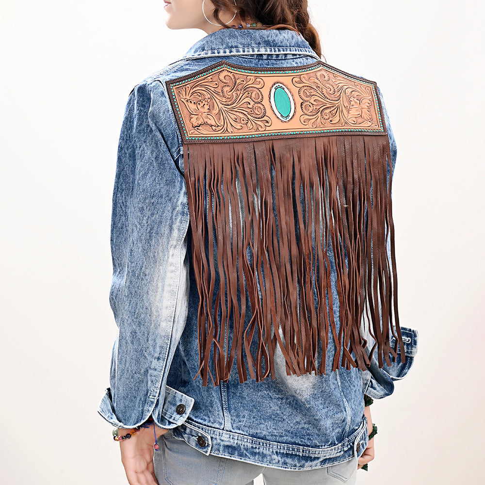 Genuine leather Hand tooled hand carved Women 100% cotton Denim jacket dress