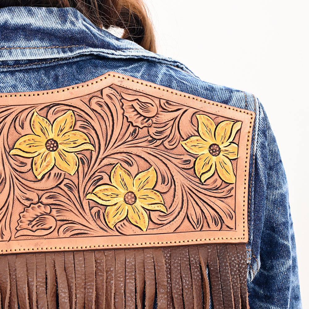 Genuine leather Hand tooled hand carved Women 100% cotton Denim jacket dress
