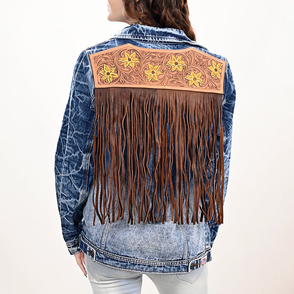 Genuine leather Hand tooled hand carved Women 100% cotton Denim jacket dress