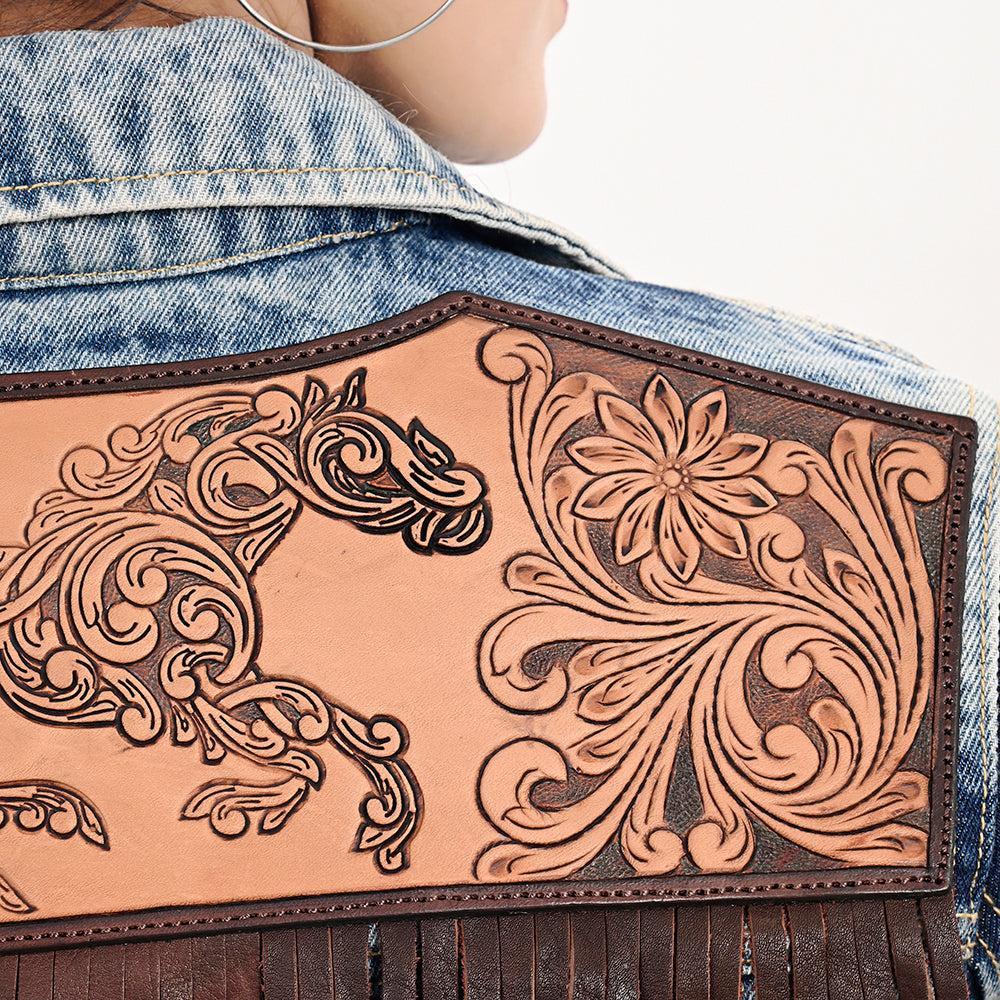 Genuine leather Hand tooled hand carved Women 100% cotton Denim jacket dress