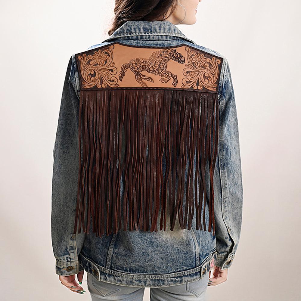 Genuine leather Hand tooled hand carved Women 100% cotton Denim jacket dress
