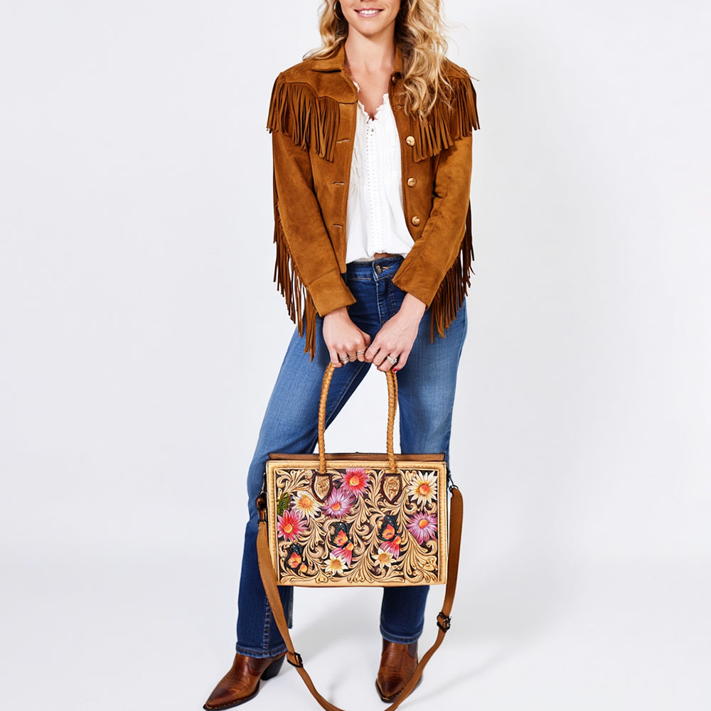 American Darling Western Tote Handcrafted from Genuine Leather | Tooled Sunflower & Turquoise Accents Crossbody Bag for Women
