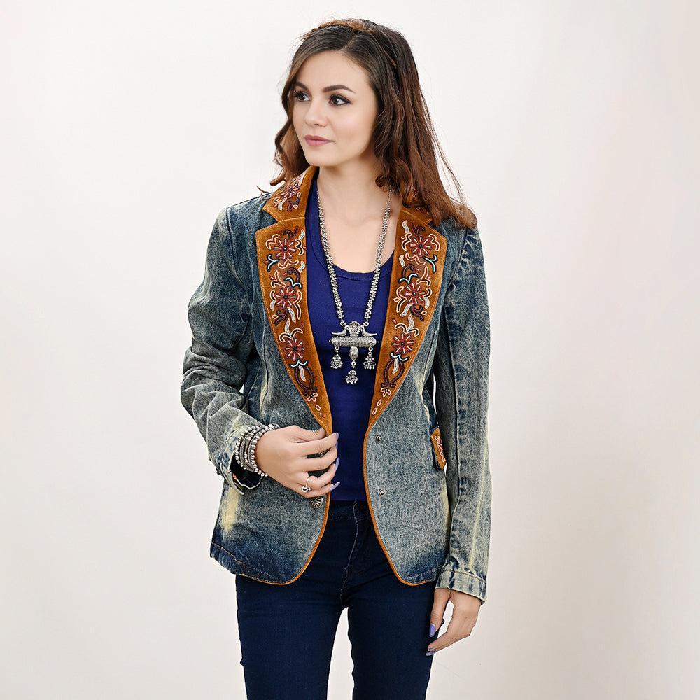 Genuine leather Hand tooled hand carved Women 100% cotton Denim Blazer dress jacket