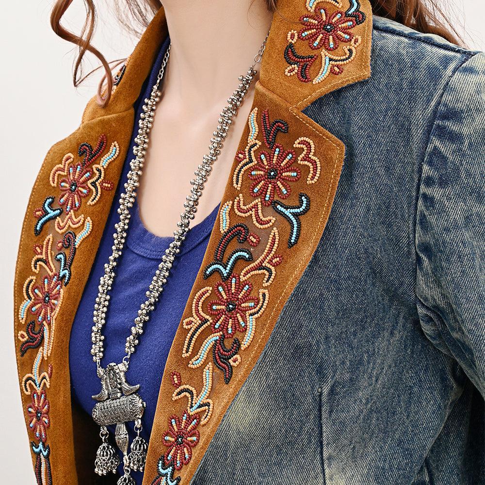 Genuine leather Hand tooled hand carved Women 100% cotton Denim Blazer dress jacket
