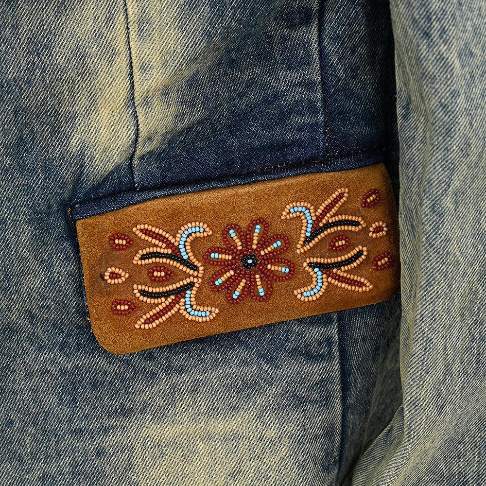 Genuine leather Hand tooled hand carved Women 100% cotton Denim Blazer dress jacket