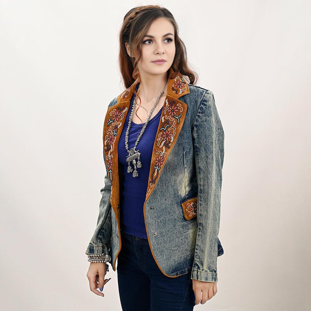 Genuine leather Hand tooled hand carved Women 100% cotton Denim Blazer dress jacket