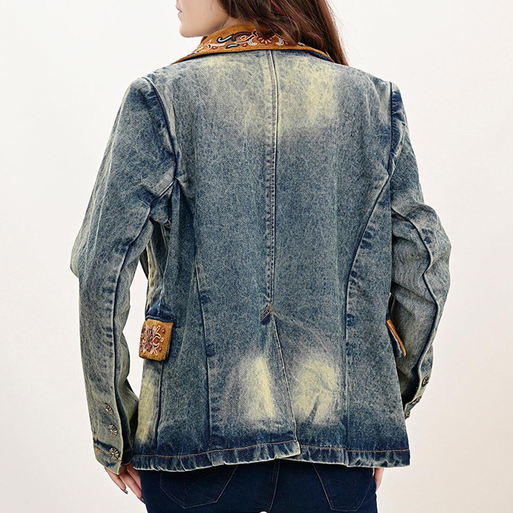 Genuine leather Hand tooled hand carved Women 100% cotton Denim Blazer dress jacket