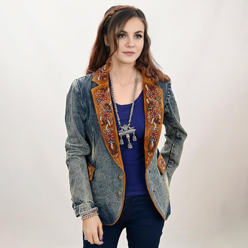 Genuine leather Hand tooled hand carved Women 100% cotton Denim Blazer dress jacket