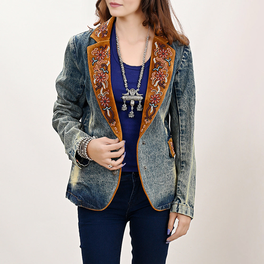 American Darling Genuine leather Hand tooled carved Women 100% cotton Denim Blazer dress jacket | Vintage
