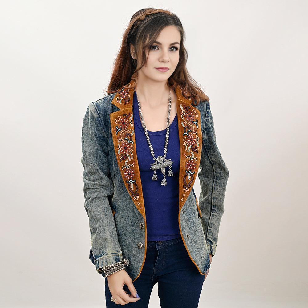 Genuine leather Hand tooled hand carved Women 100% cotton Denim Blazer dress jacket