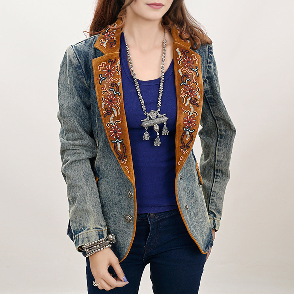 American Darling Genuine leather Hand tooled carved Women 100% cotton Denim Blazer dress jacket | Vintage