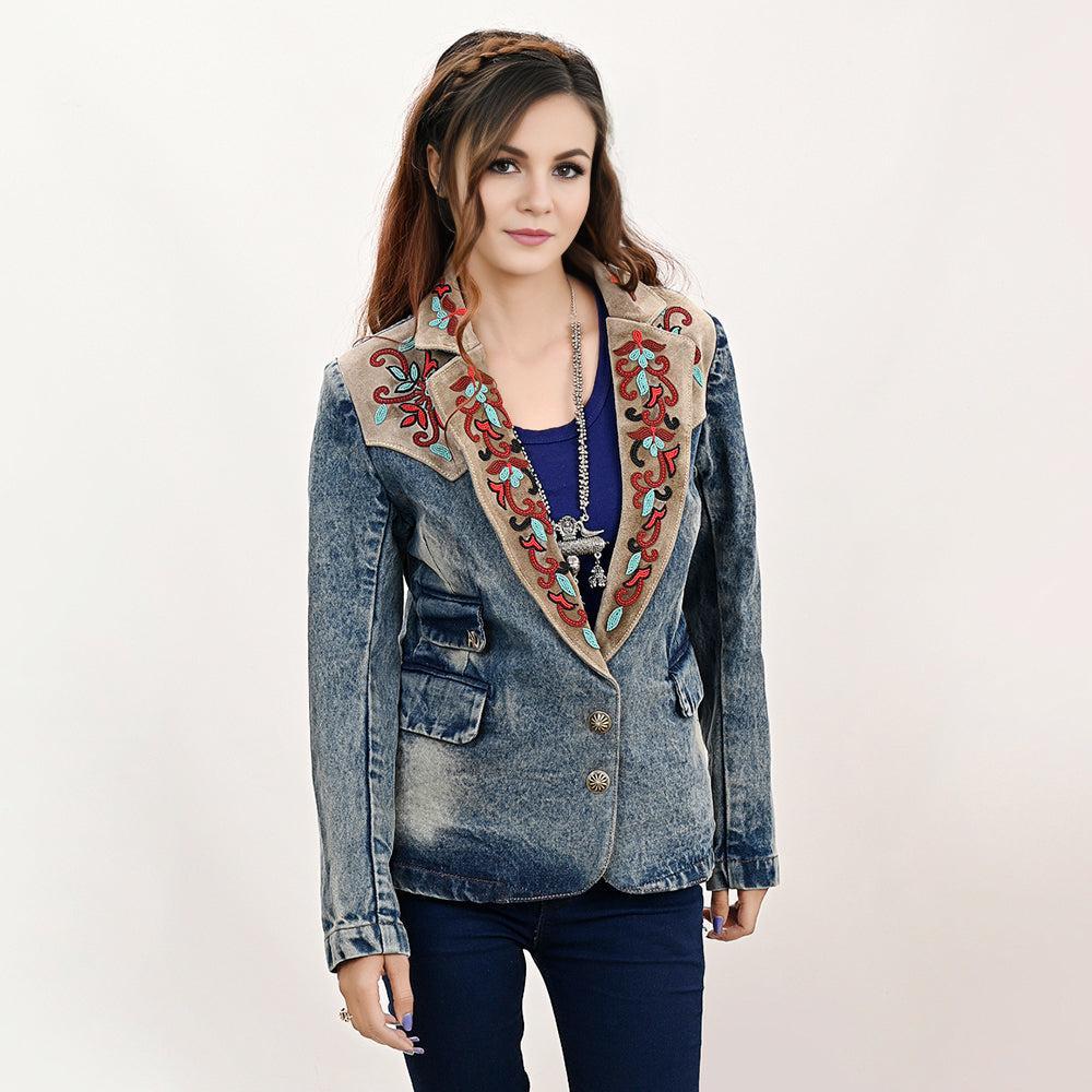 Genuine leather Hand tooled hand carved Women 100% cotton Denim Blazer dress jacket