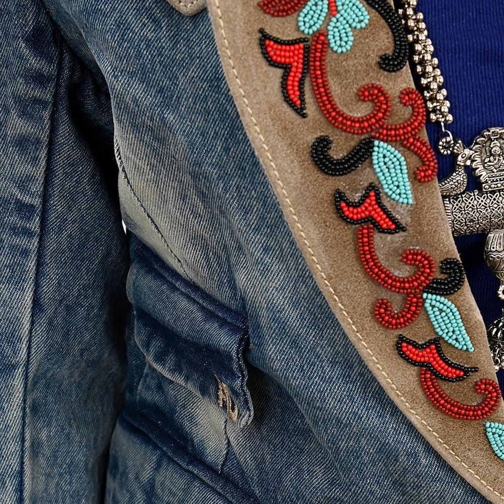 Genuine leather Hand tooled hand carved Women 100% cotton Denim Blazer dress jacket