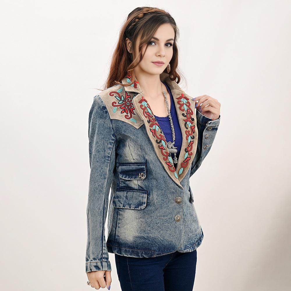 Genuine leather Hand tooled hand carved Women 100% cotton Denim Blazer dress jacket