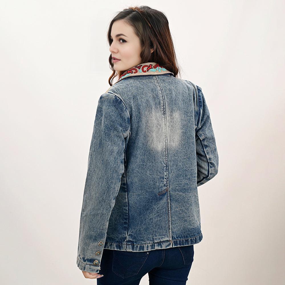 Genuine leather Hand tooled hand carved Women 100% cotton Denim Blazer dress jacket