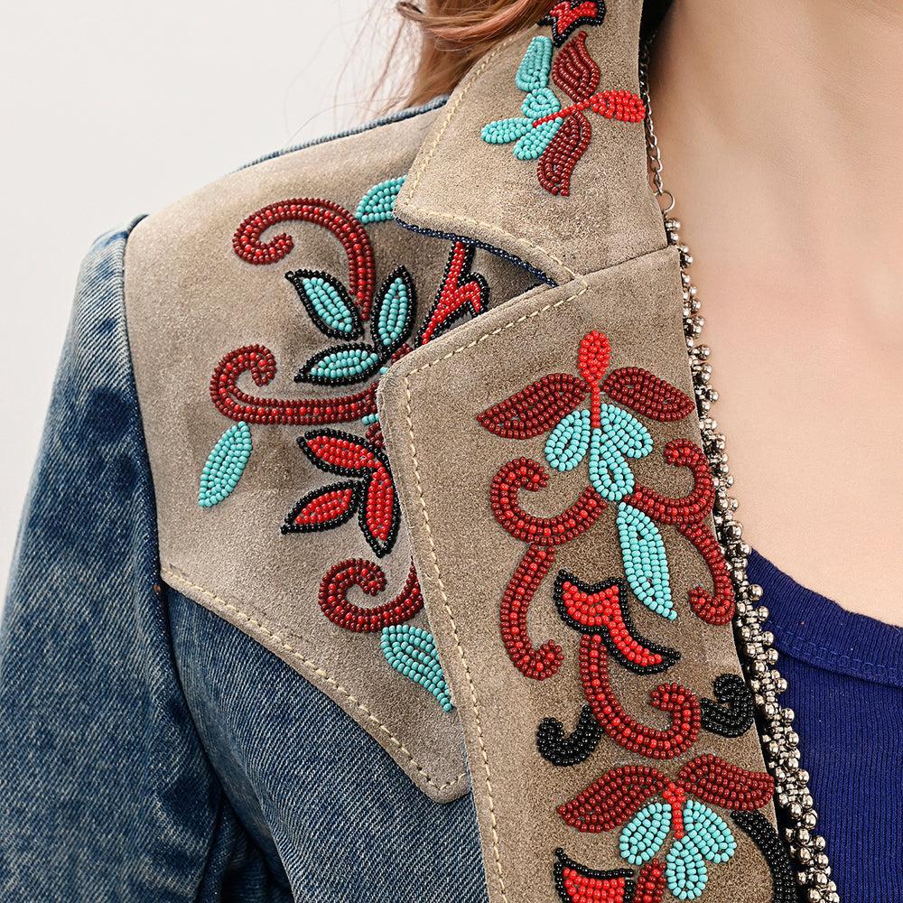 Genuine leather Hand tooled hand carved Women 100% cotton Denim Blazer dress jacket