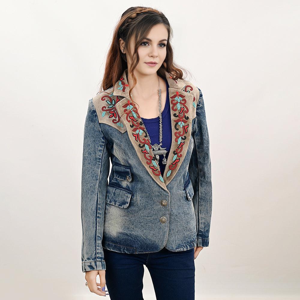 Genuine leather Hand tooled hand carved Women 100% cotton Denim Blazer dress jacket