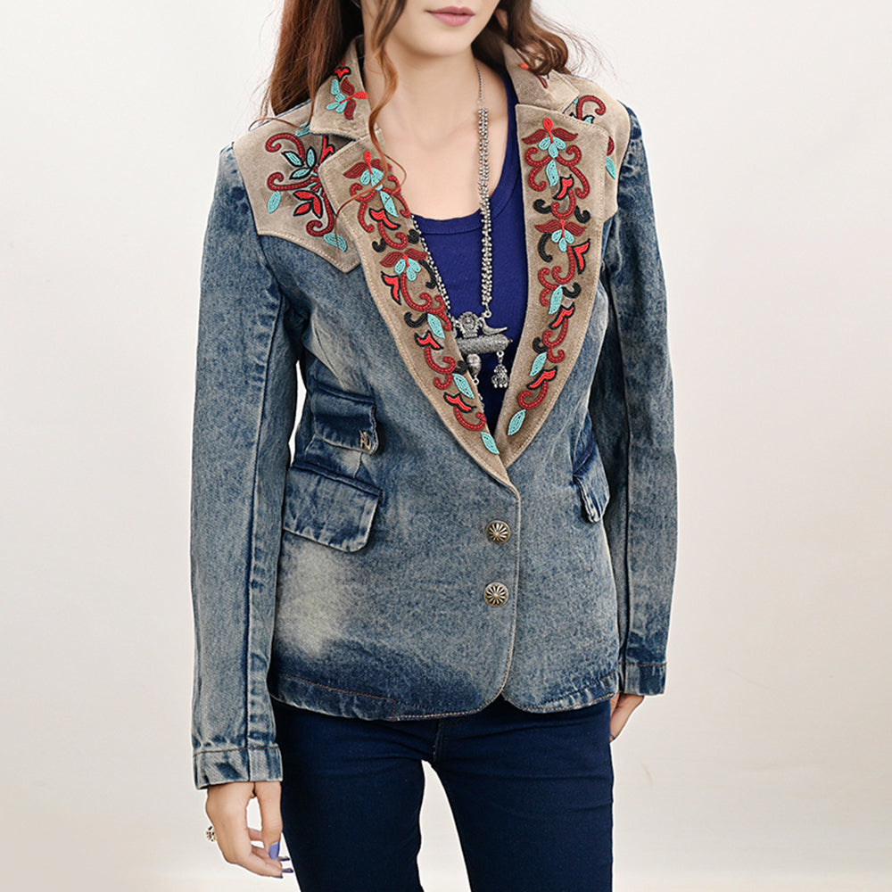 American Darling Genuine leather Hand tooled carved Women 100% cotton Denim Blazer dress jacket | Vintage