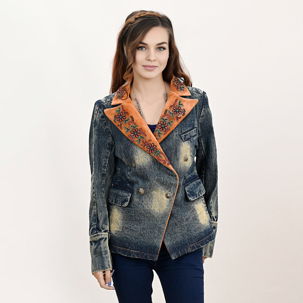 American Darling ADBZ032-L Genuine leather Hand tooled hand carved Women 100% cotton Denim Blazer dress jacket ladies Girl