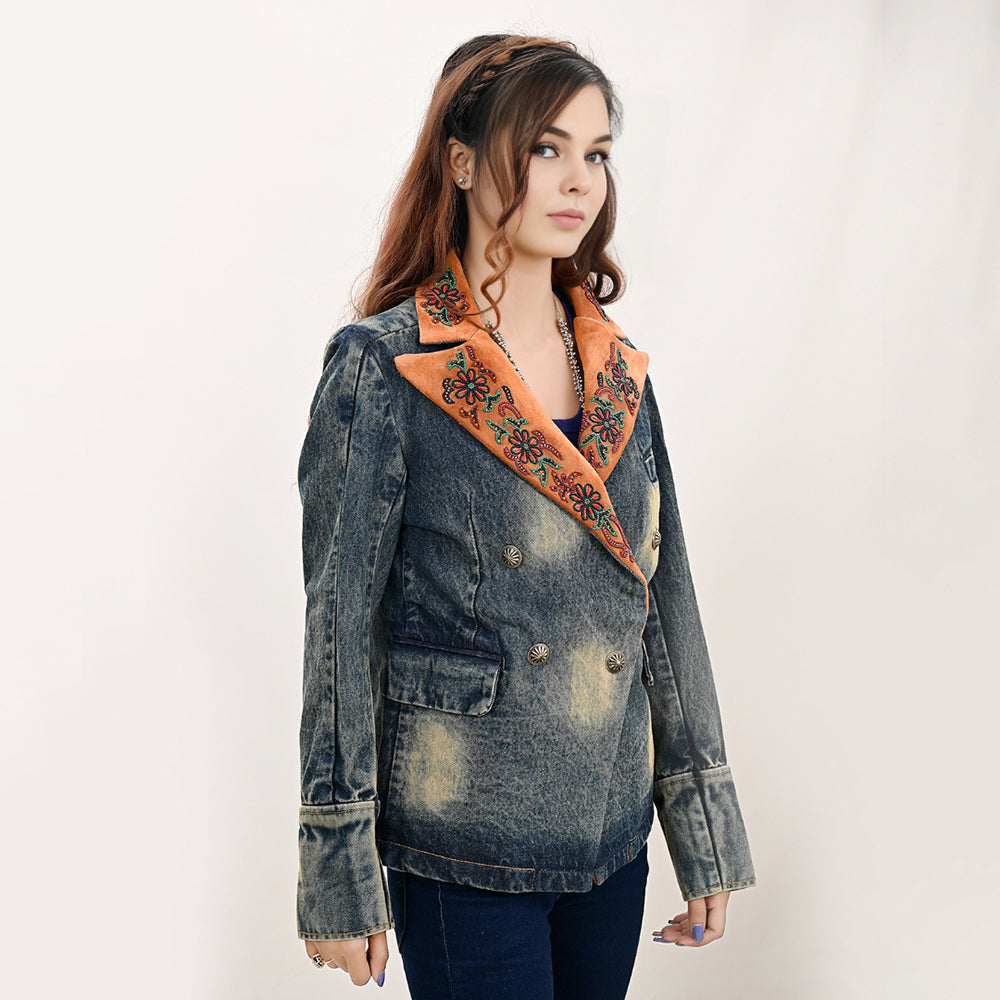 American Darling ADBZ032-L Genuine leather Hand tooled hand carved Women 100% cotton Denim Blazer dress jacket ladies Girl