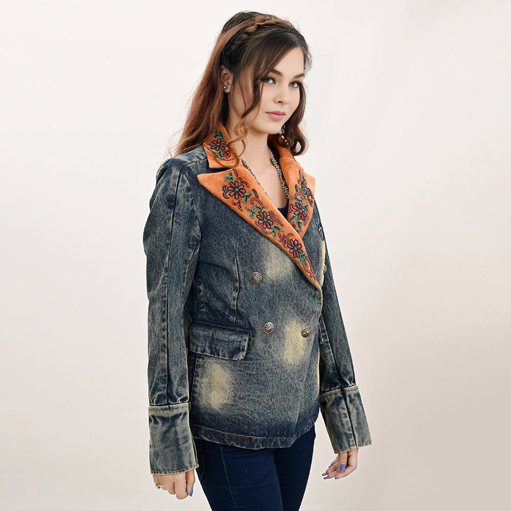 American Darling ADBZ032-L Genuine leather Hand tooled hand carved Women 100% cotton Denim Blazer dress jacket ladies Girl