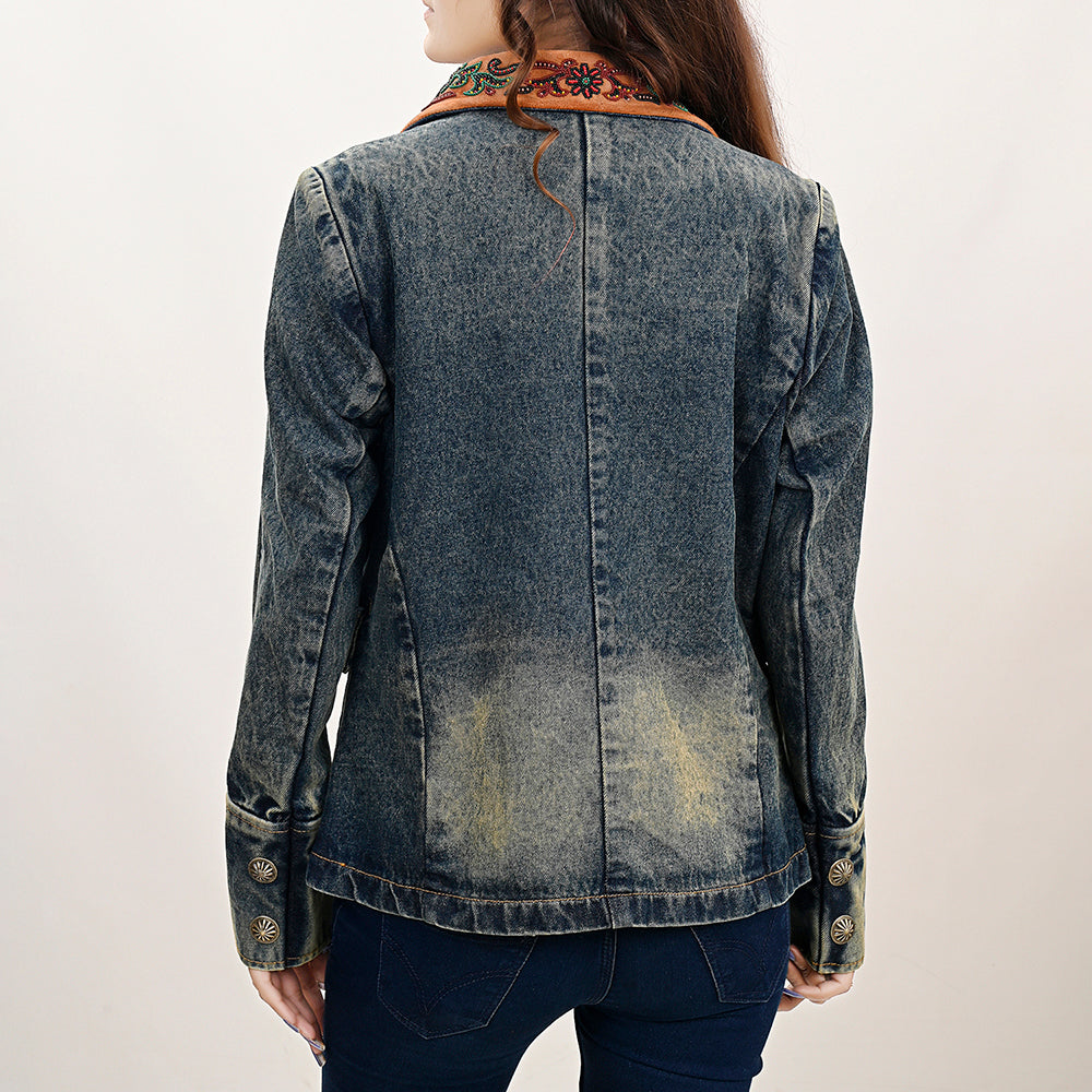 American Darling ADBZ032-L Genuine leather Hand tooled hand carved Women 100% cotton Denim Blazer dress jacket ladies Girl