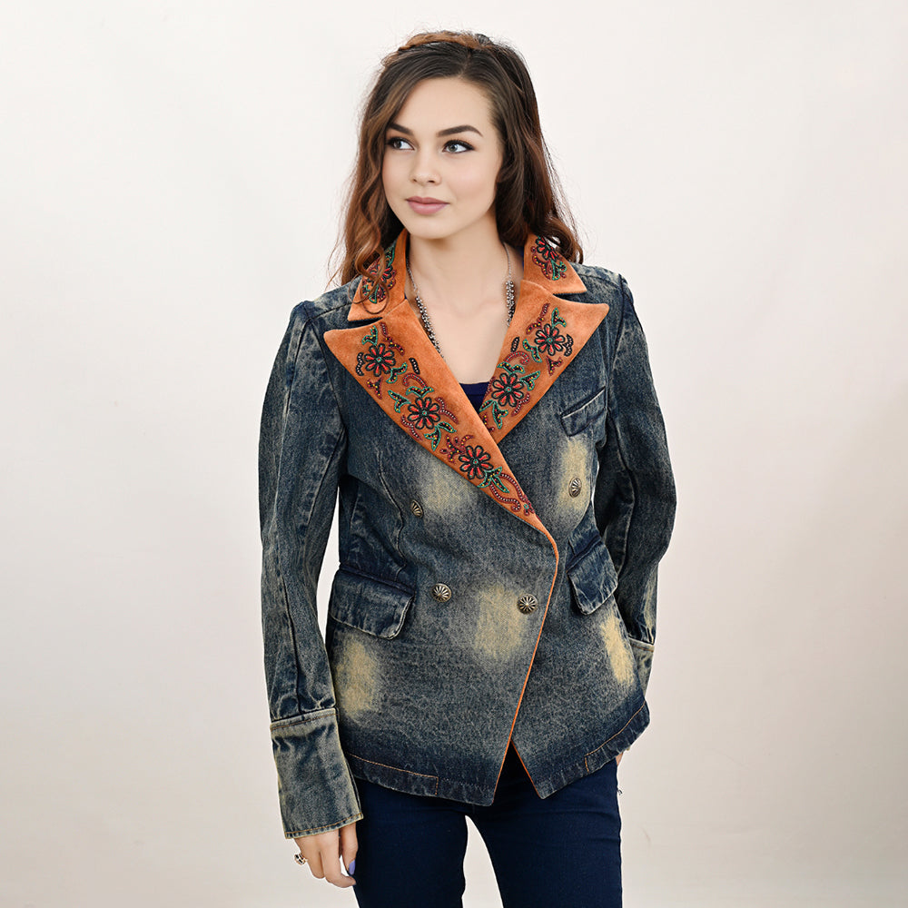 American Darling ADBZ032-L Genuine leather Hand tooled hand carved Women 100% cotton Denim Blazer dress jacket ladies Girl