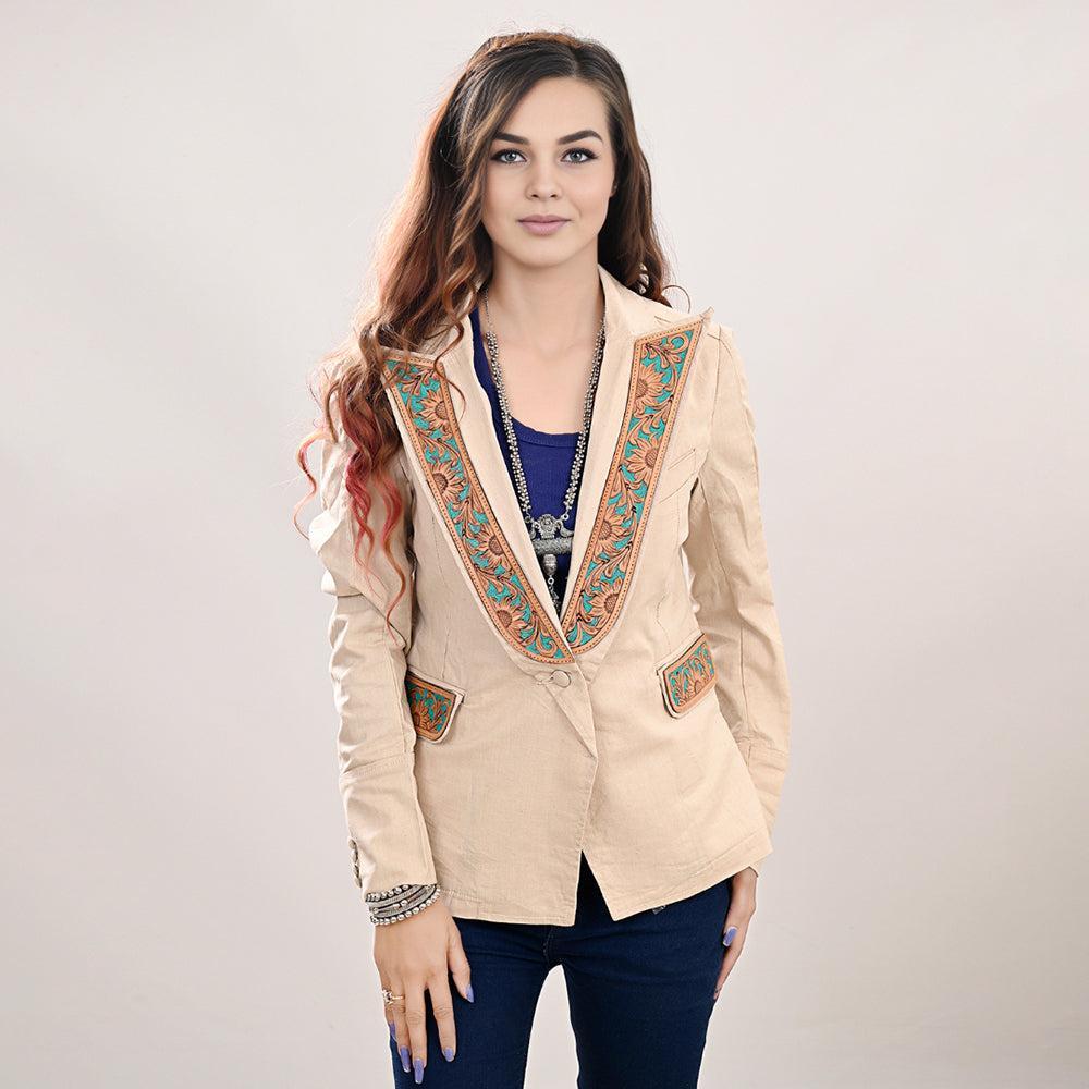 Genuine leather Hand tooled hand carved Women Blazer dress jacket