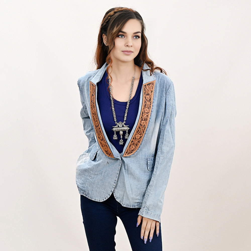 Genuine leather Hand tooled hand carved Women 100% cotton Denim Blazer dress jacket