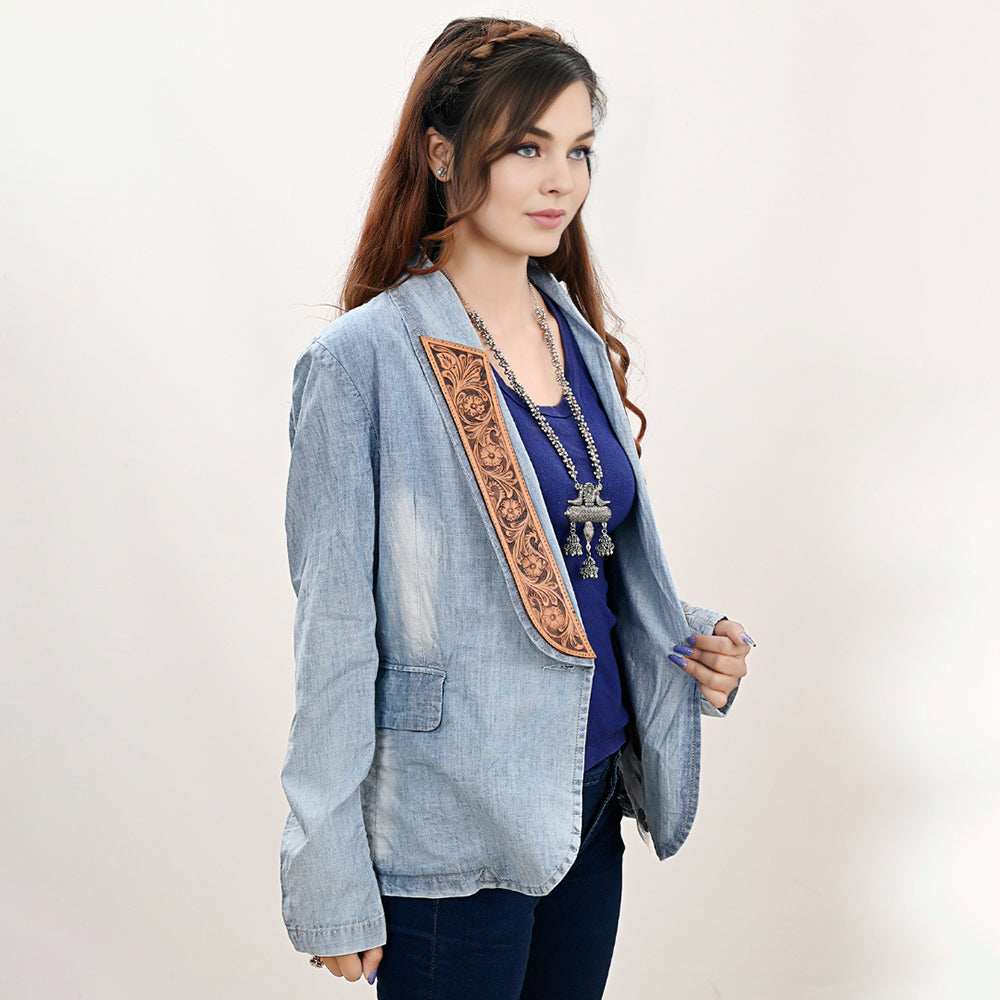 Genuine leather Hand tooled hand carved Women 100% cotton Denim Blazer dress jacket