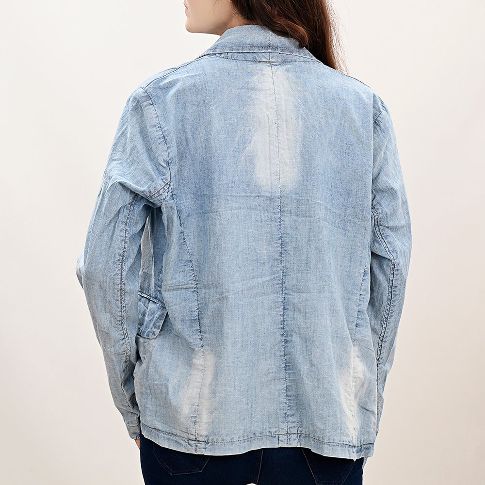 Genuine leather Hand tooled hand carved Women 100% cotton Denim Blazer dress jacket