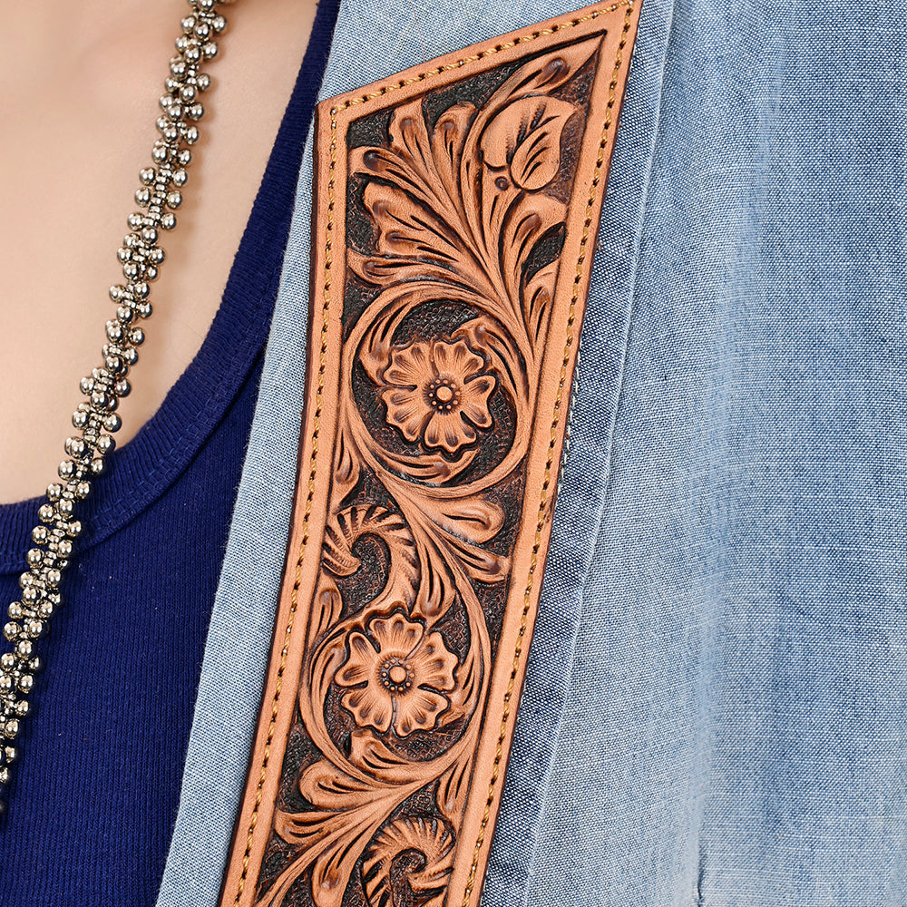 Genuine leather Hand tooled hand carved Women 100% cotton Denim Blazer dress jacket