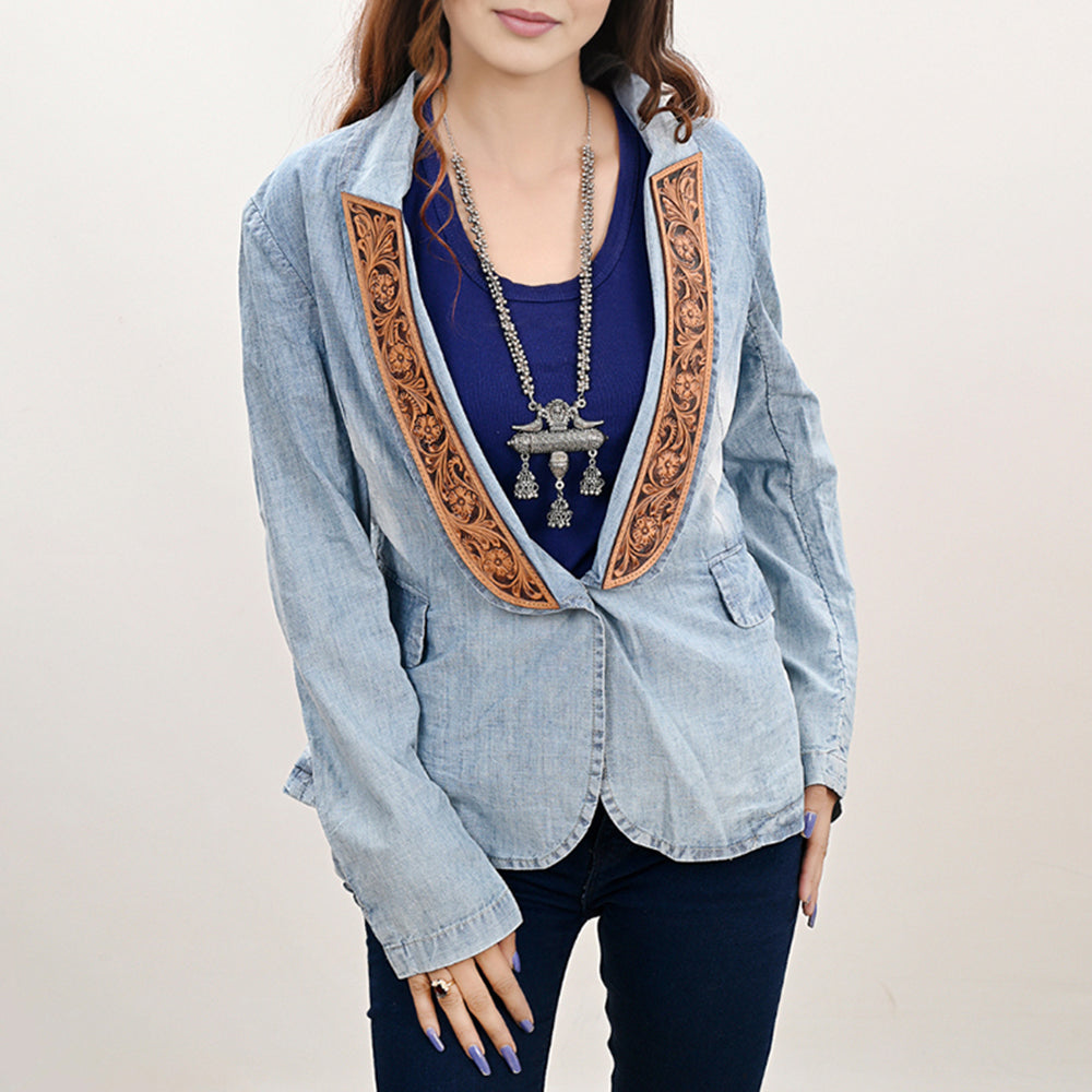 American Darling Genuine leather Hand tooled carved Women 100% cotton Denim Blazer dress jacket ladies |Vintage